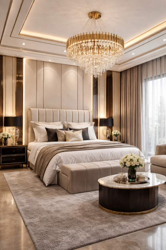 luxurious modern bedroom with gold accents