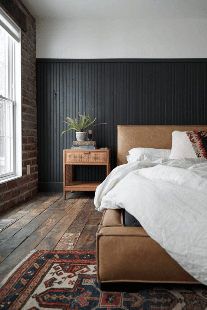 Dark beadboard wall bedroom aesthetic
