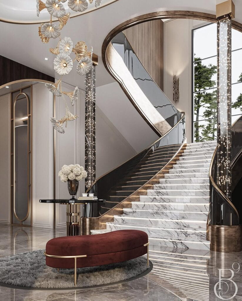 “7 Hallway Decor Ideas That Make a Stunning First Impression” Modern Glam Interiors with Curved Furniture