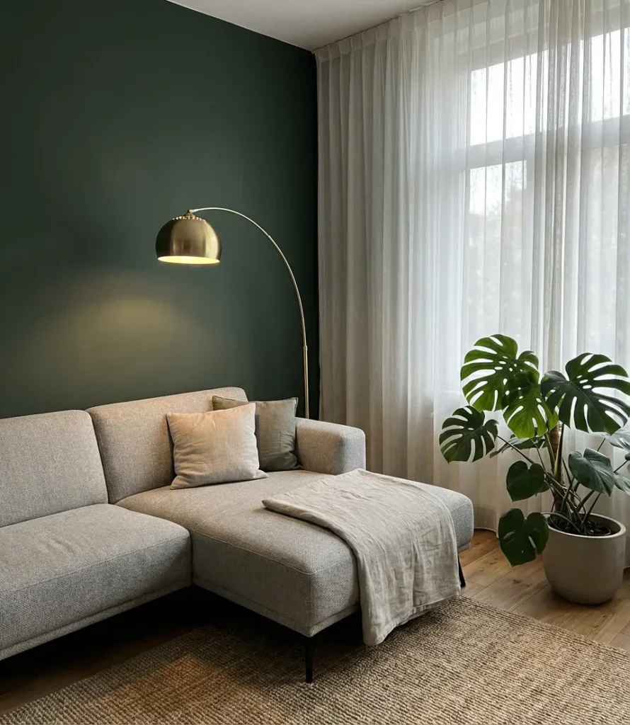 Dark Green Feature Wall Behind Modern Sofa Setup