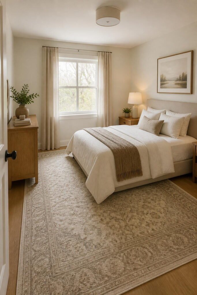5 Small Bedroom Inspo Layout Ideas for Narrow Shaped Rooms Replace runners with big statement rug