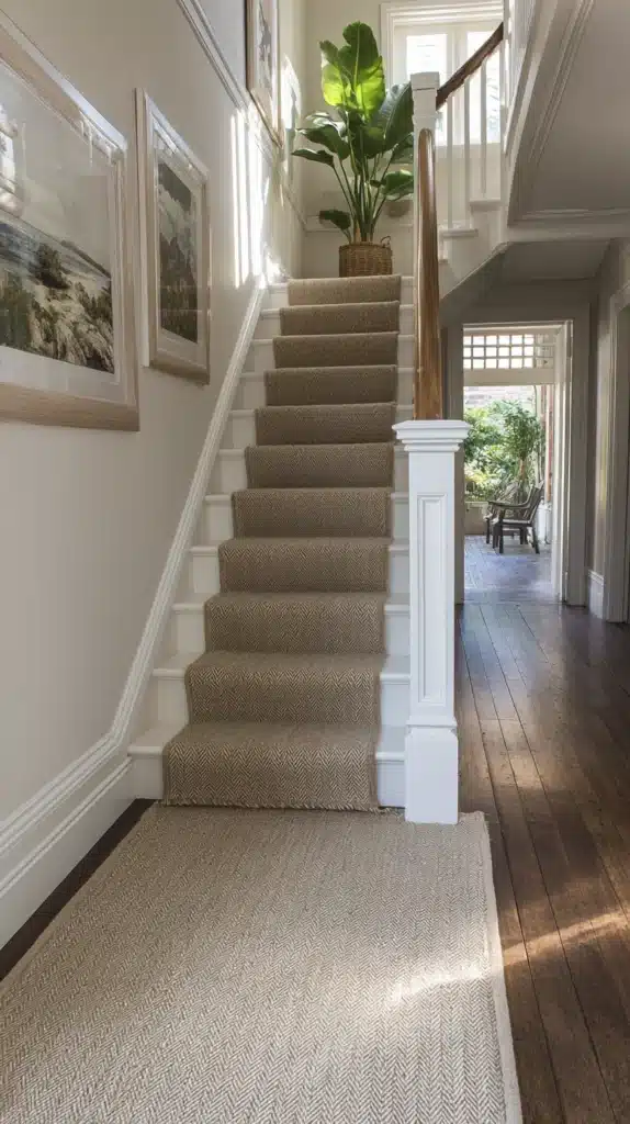7 Stair Runner Ideas For Narrow Space Neutral Tone Herringbone Texture