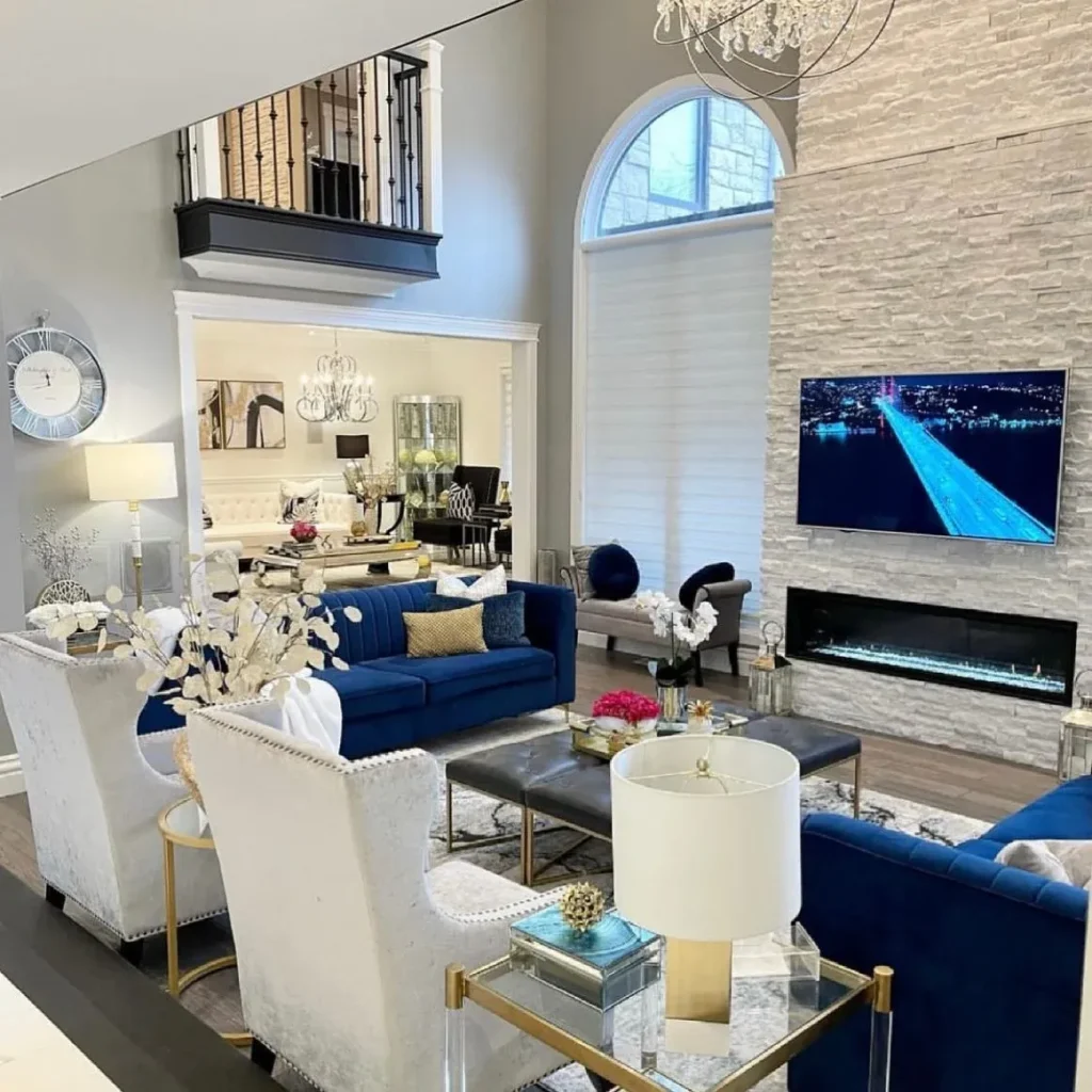 9 Glam Living Room High-End Furniture Layouts Featuring Stunning Premium Finishes Navy and Gold Living Room