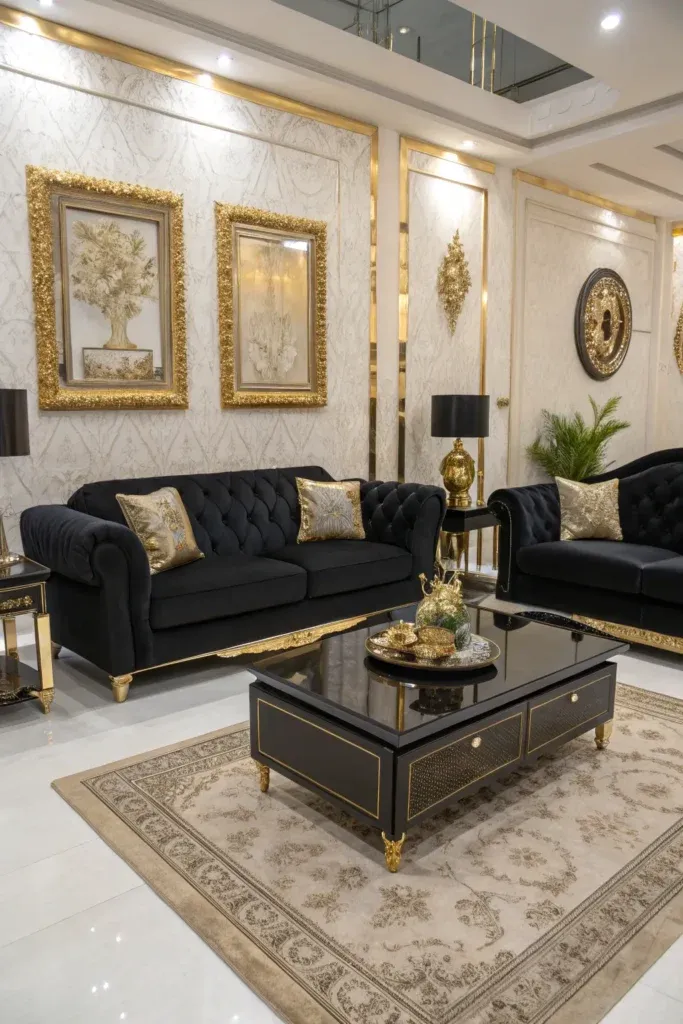 9 Glam Living Room High-End Furniture Layouts Featuring Stunning Premium Finishes Black and Gold Decor