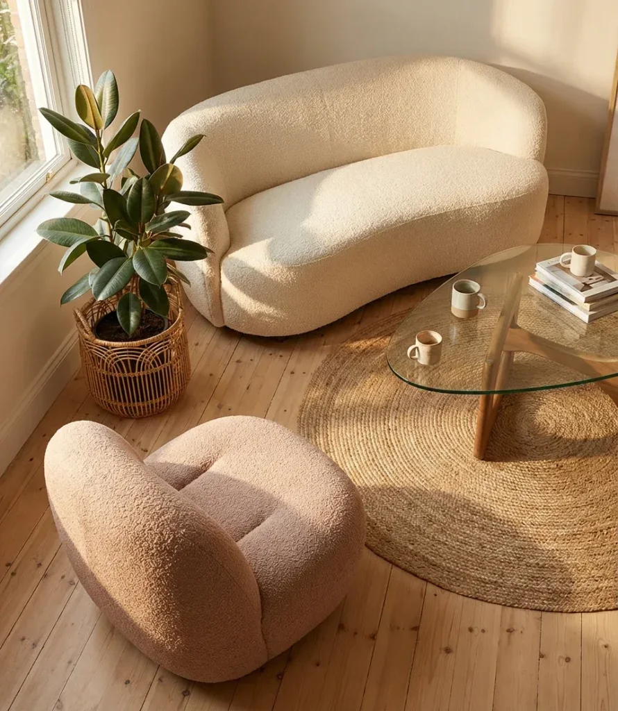 Small Living Room with Curved Furniture and Soft Lines