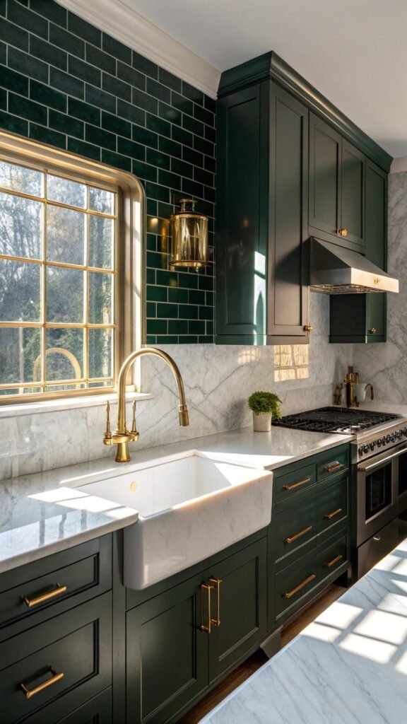 Emerald Green Tiles With Brass Fixtures